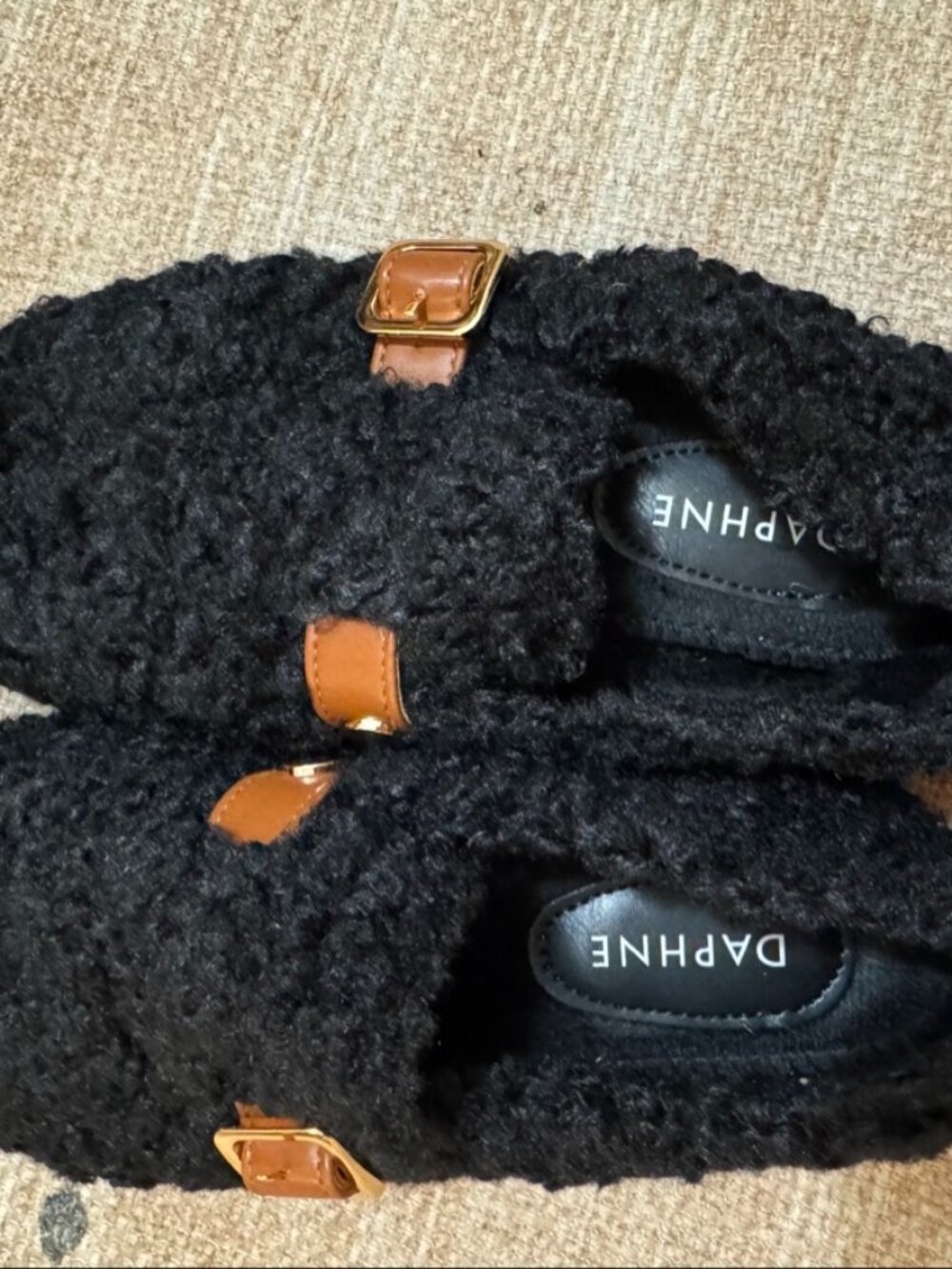 Daphne Black Fuzzy Buckle Mules — Size US 6